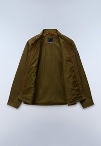 Open olive green jacket with orange stitching, long sleeves, and a round collar, displayed on a light gray background.