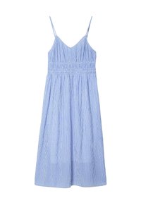 Robe rayée bleu et blanc avec bretelles spaghetti, corsage ajusté et taille smockée, descendant en une jupe trapèze longueur genou.