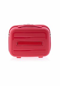 Red hard-shell rectangular travel bag with a top handle and horizontal elastic strap on front.