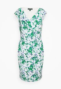 Blommig klänning med V-ringning, korta ärmar och figursydd silhuett. Har ett akvarellmönster med blommor i grönt, blått och vitt på tyget.