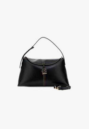 Černá kožená kabelka s horní rukojetí, odnímatelným ramenním popruhem, zlatými akcenty a kontrastním béžovým prošíváním.