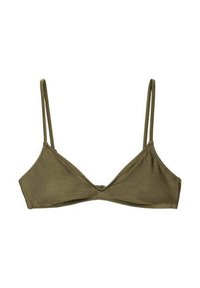 Bralette triangolare verde oliva con sottili spalline regolabili. Realizzato in tessuto morbido con cuciture a vista, senza imbottiture o decorazioni.