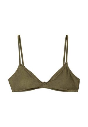 Bralette triangulaire vert olive avec des bretelles fines réglables. Fabriqué en tissu lisse avec des coutures piquées, sans padding ni embellissements.