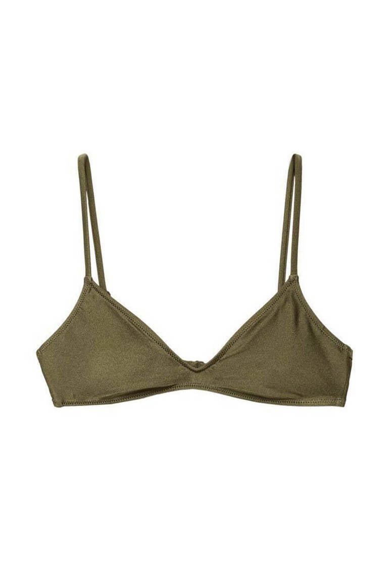 Bralette triangolare verde oliva con sottili spalline regolabili. Realizzato in tessuto morbido con cuciture a vista, senza imbottiture o decorazioni.