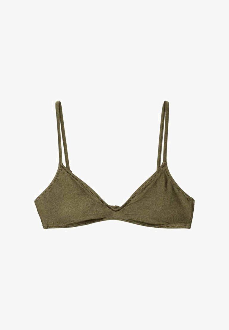 Olivovo zelený trojuholníkový bralet s tenkými nastaviteľnými ramienkami. Vyrobený z hladkej látky s prešitými švami, bez výplne alebo ozdôb.