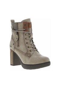 Bottine beige avec une tige texturée, un laçage à l'avant, une fermeture éclair sur le côté et un talon haut empilé avec une accent en bois. Semelle en caoutchouc durable.