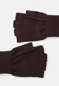 Braune gestrickte fingerlose Handschuhe mit gerippten Handgelenkfutter, die halbe Fingeröffnungen für Geschicklichkeit und eine weiche, strukturierte Oberfläche bieten.