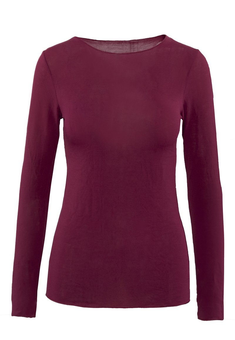 T-shirt a maniche lunghe di un bordeaux scuro, realizzato in tessuto leggero. Presenta un collo rotondo e una silhouette aderente. Nessun motivo o hardware visibile.