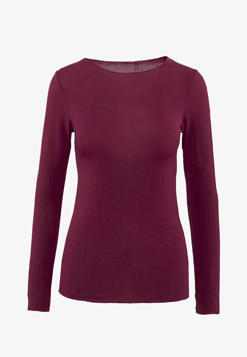 T-shirt a maniche lunghe di un bordeaux scuro, realizzato in tessuto leggero. Presenta un collo rotondo e una silhouette aderente. Nessun motivo o hardware visibile.