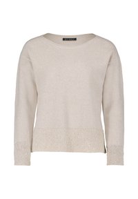 Jasno beżowy sweter z okrągłym dekoltem, długimi rękawami oraz błyszczącymi, koralikowymi detalami na dolnym brzegu i mankietach, wykonany z miękkiego, teksturowanego materiału.