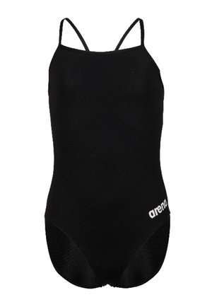 Bañador negro de una pieza con tirantes finos y logotipo "arena" en blanco en la parte inferior derecha.