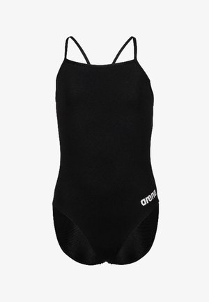 Bañador negro de una pieza con tirantes finos y logotipo "arena" en blanco en la parte inferior derecha.