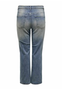 Lichtblauwe rechtgesneden jeans van denim. Heeft twee achterzakken en een subtiele vervaging. De tailleband is standaard zonder extra versieringen.