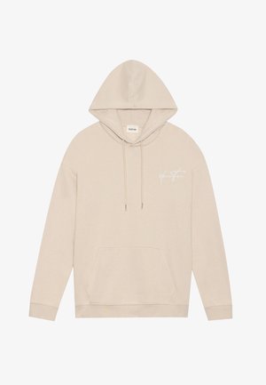 Felpa beige con cappuccio, tasca frontale e lacci, con piccolo testo bianco in corsivo sulla parte sinistra del petto.