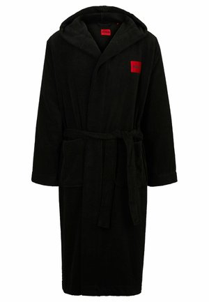 Black hooded bathrobe made of soft terry cloth, featuring a front tie belt and a small red logo patch on the chest, with two side pockets.