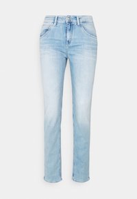 Light blue denim jeans with a straight leg cut, five-pocket design, and discreet stitching details. Clean edges, mid-rise waist, and button closure.