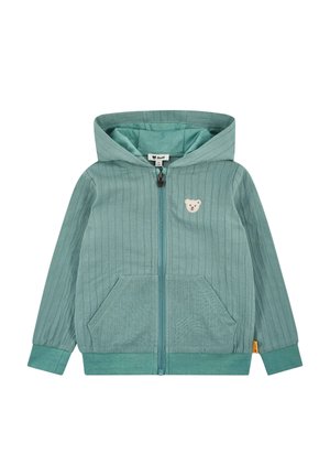 Hellgrüne Kapuzenjacke für Kinder mit Reißverschluss, Fronttaschen und kleinem Bärenaufnäher auf der Brust.