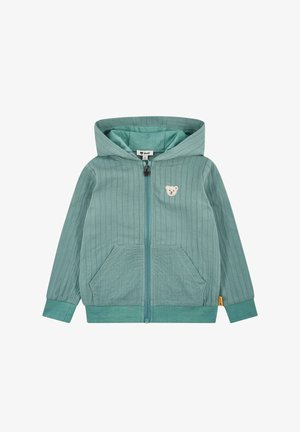 Licht turquoise kinderjack met capuchon, rits aan de voorkant, zakken en een klein berenplaatje op de borst.