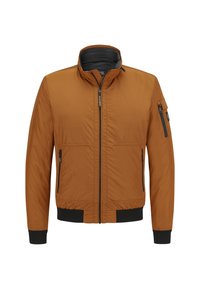 Braune, leichte Bomberjacke mit hohem Kragen, gerippten Bündchen, Frontreißverschluss und zwei Reißverschlusstaschen auf der Vorderseite.