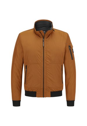 Braune, leichte Bomberjacke mit hohem Kragen, gerippten Bündchen, Frontreißverschluss und zwei Reißverschlusstaschen auf der Vorderseite.