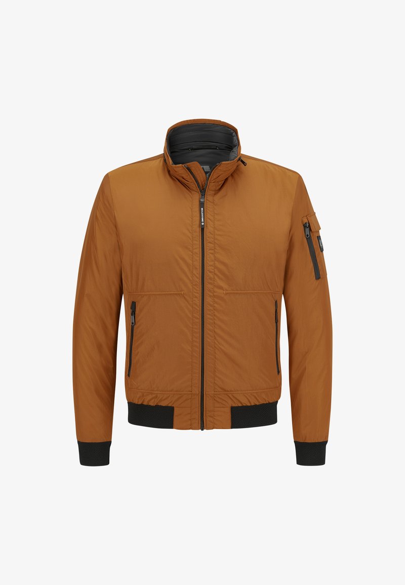 Braune, leichte Bomberjacke mit hohem Kragen, gerippten Bündchen, Frontreißverschluss und zwei Reißverschlusstaschen auf der Vorderseite.