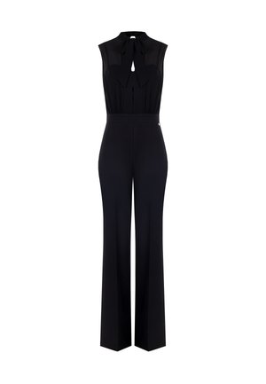 Tuta nera con design senza maniche, collo alto e dettaglio a fiocco. Presenta una vita aderente e pantaloni a gamba larga per una silhouette slanciata.