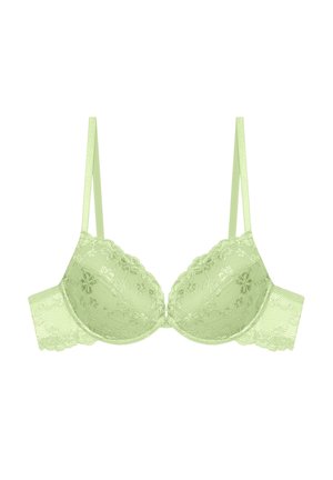 Hellgrüner Spitzen-BH mit floralem Stickmuster, verstellbaren Schulterträgern und Bügel-Cups auf weißem Hintergrund.