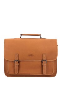 Tan leren aktetas met twee frontgespen, versterkte stiksels en een bovenhandvat. Gladde textuur met een minimalistisch ontwerp.