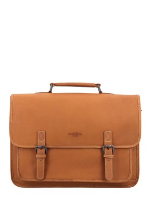 Tan leather briefcase with two front buckles, reinforced stitching, and a top handle. Smooth texture with a minimalist design.