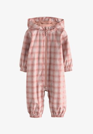 Rosa-weiß karierter Baby-Strampler mit Kapuze, Frontreißverschluss, elastischen Bündchen an Handgelenken und Knöcheln sowie weichem Innenfutter.