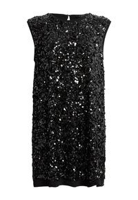 Vestito nero senza maniche con superficie testurizzata, ricoperto di paillettes e perline, scollatura rotonda e vestibilità rilassata.