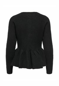 Sort peplum sweater med lange ærmer. Strikket tekstureret stof og rundet halsudskæring. Udsvinget kant giver en markant facon ved taljen.