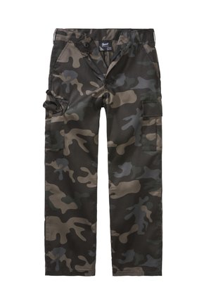 Pantaloni cargo de camuflaj verde închis și maro, cu mai multe buzunare și închidere frontală cu nasture și fermoar, așezați pe o suprafață plată.