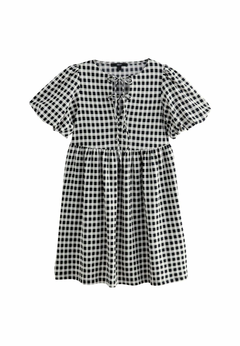 Schwarzes und weißes karriertes Kleid mit kurzen Puffärmeln, einem runden Ausschnitt und einer gebundenen Detail am Oberteil. Ausgestellter, knielanger Rock.