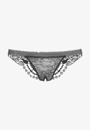 Svart blonde stringtruse med blomsterdesign, bølgete kanter og perlepynt. Har en bred blonde midjebånd og utskåret design.