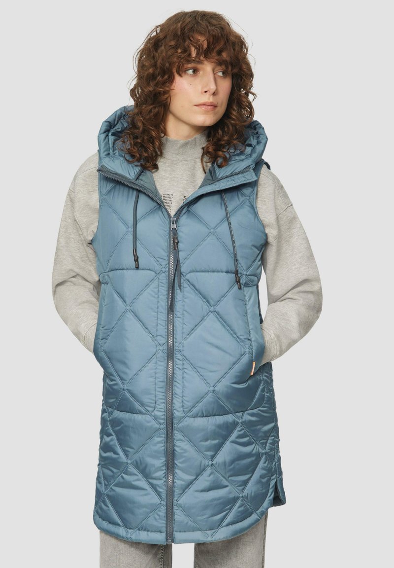 Quilted türkisfarbener Kapuzenweste mit einem frontalen Reißverschluss, verstellbaren Zugbändern, zwei seitlichen Taschen und einem mittellangen Design.