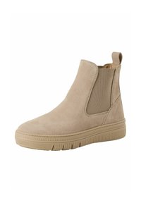 Bottes Chelsea en daim tan avec des panneaux latéraux en élastique, bout rond et semelle en caoutchouc avec un design texturé. Anse à l'arrière.