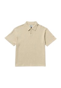 Beige polo shirt lavet af blød stof, med et subtilt bladmønster, tre knaplukninger og krave i klassisk stil. Korte ærmer.