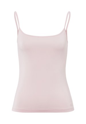Jasnoróżowa koszulka na ramiączkach z cienkimi paskami, wykonana z gładkiego, elastycznego materiału. Posiada zaokrąglony dekolt oraz dopasowany krój.