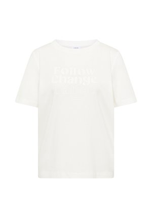 White short-sleeve crew neck t-shirt with faint embossed text reading "Follow Change Dance" on the front.