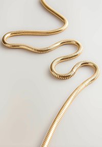 Goldfarbener flexibler Kettenverschluss mit einem glatten, zylindrischen Design, das aus einer Reihe von ineinandergreifenden Segmenten besteht, die vor einem hellen Hintergrund liegen.