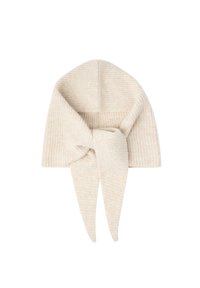 Beige strikket halsbånd med ribbet tekstur, der har en knude detalje foran og to forlængede ender til justerbar pasform.