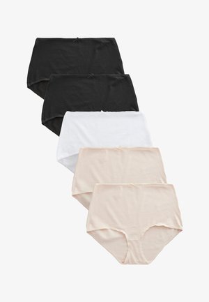 Cinco bragas de mujer de cintura alta en negro, blanco y beige, cada una con un pequeño lazo frontal, dispuestas verticalmente sobre un fondo blanco.