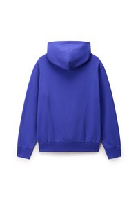 Felpa blu con una texture liscia, cappuccio regolabile e polsini e orlo a coste. Presenta un design semplice e tessuto morbido.