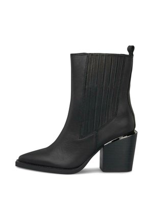 Schwarze Leder-Ankle-Boots mit spitzem Zehenbereich, vertikalen Nahtdetails und glänzendem Blockabsatz. Besitzt eine Zuglasche hinten für ein einfaches An- und Ausziehen.