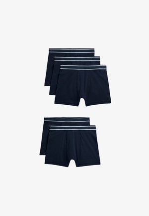 Dunkelblaue Baumwoll-Boxershorts mit einem weichen Bund, der kontrastierende weiße Streifen aufweist. Vierer-Pack, mit einer eleganten, glatten Textur.