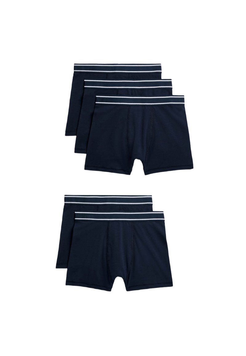 Mørkeblå bomulds-boxer shorts med en blød talje, der har kontrasterende hvide striber. Pakke med fire, med en glat og let overflade.