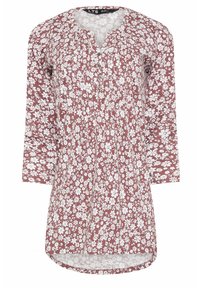 Pitkähihainen viininpunainen pusero, jossa on valkoinen kukkakuosi. Puserossa on pyöreä kaula-aukko, nappidetail ja hieman kaareva helma.