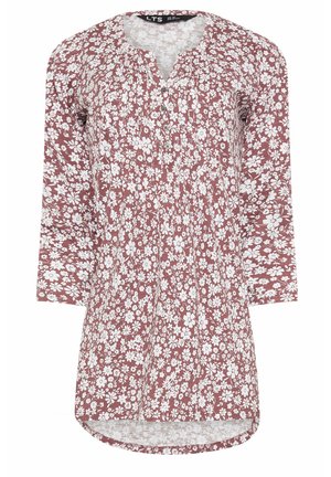 Lange mouwen, bordeauxrode blouse met een wit bloemenpatroon, voorzien van een ronde halslijn, knoopdetail en een licht gebogen zoom.