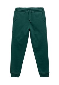 Mørkegrønne sweatpants lavet af blødt materiale, med elastisk talje med snøre, sidelommer og tætsiddende cuffs.